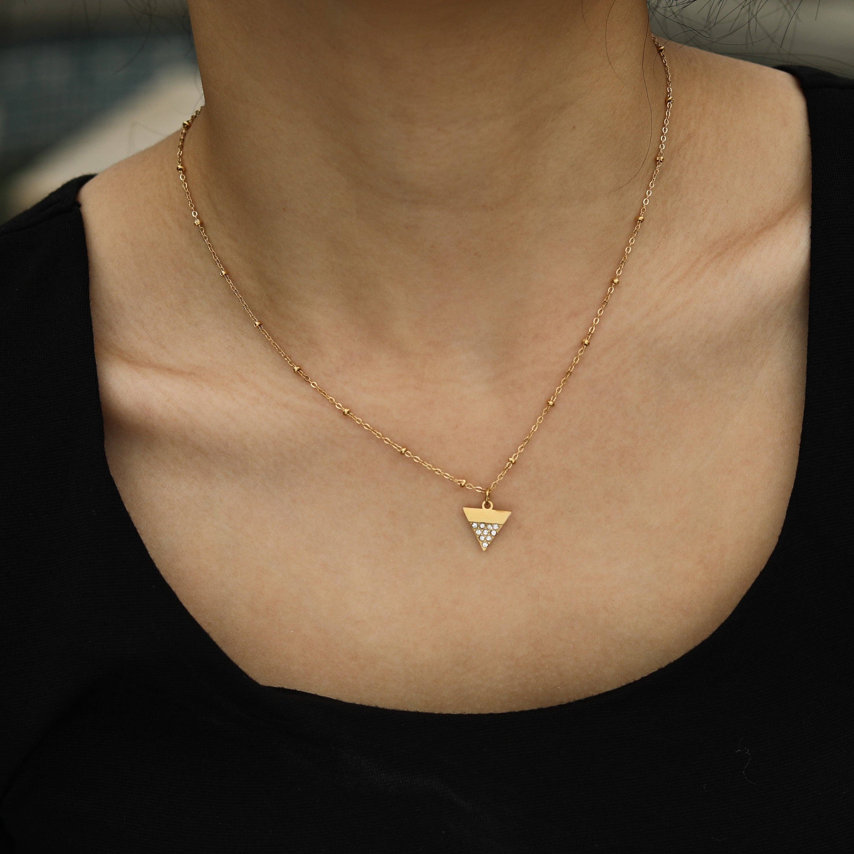 Beaded Chain Necklace with  Zirconia Pavé Triangle Pendant in Gold