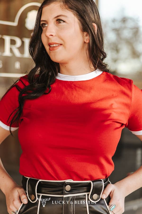 Red Ivory Contrast Neckline Sleeve Waist Length Top