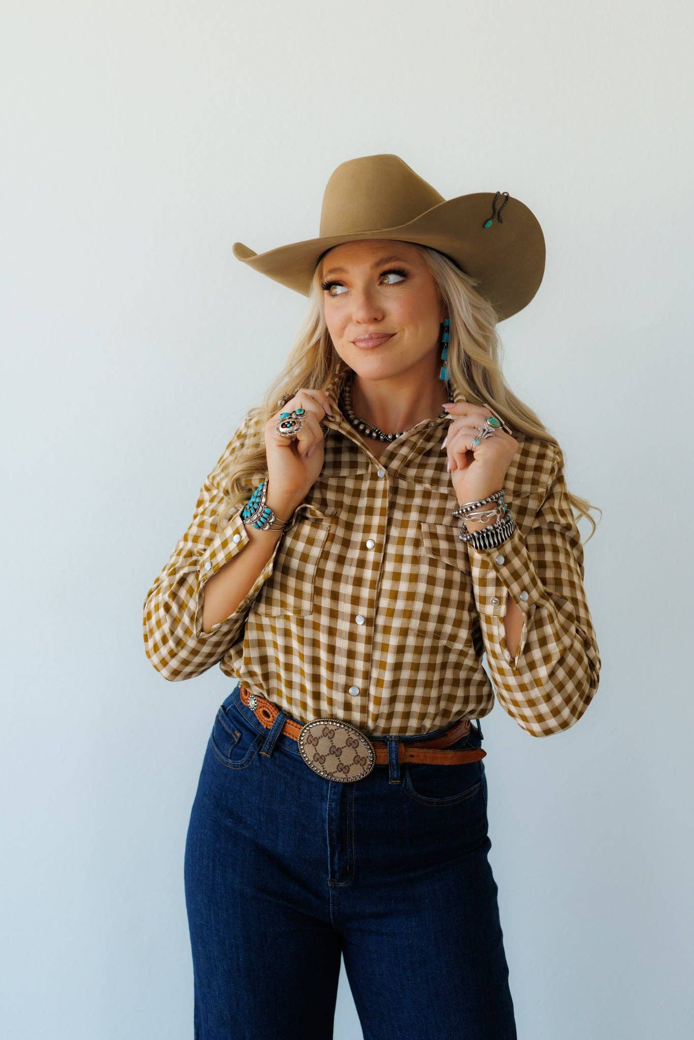 Brown/Olive Gingham Pearl Snap Western Shirt