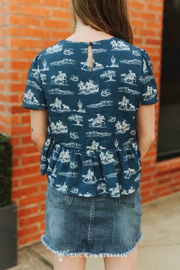 Western Blue Printed Embroidered Puff Sleeve Top