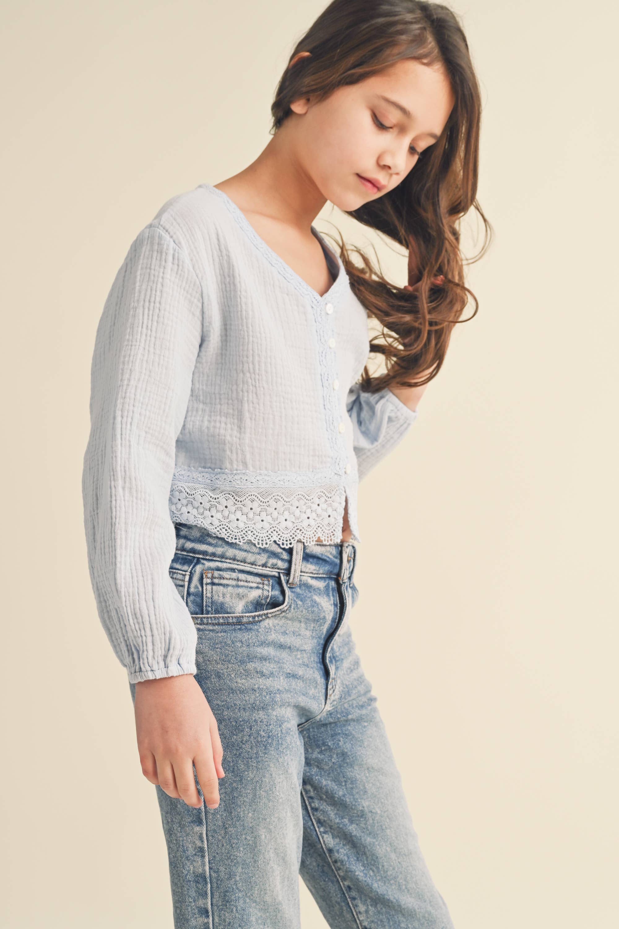 TWEEN KIDS GIRLS LONG SLEEVE BUTTON DOWN CROPPED TOP (7-14)