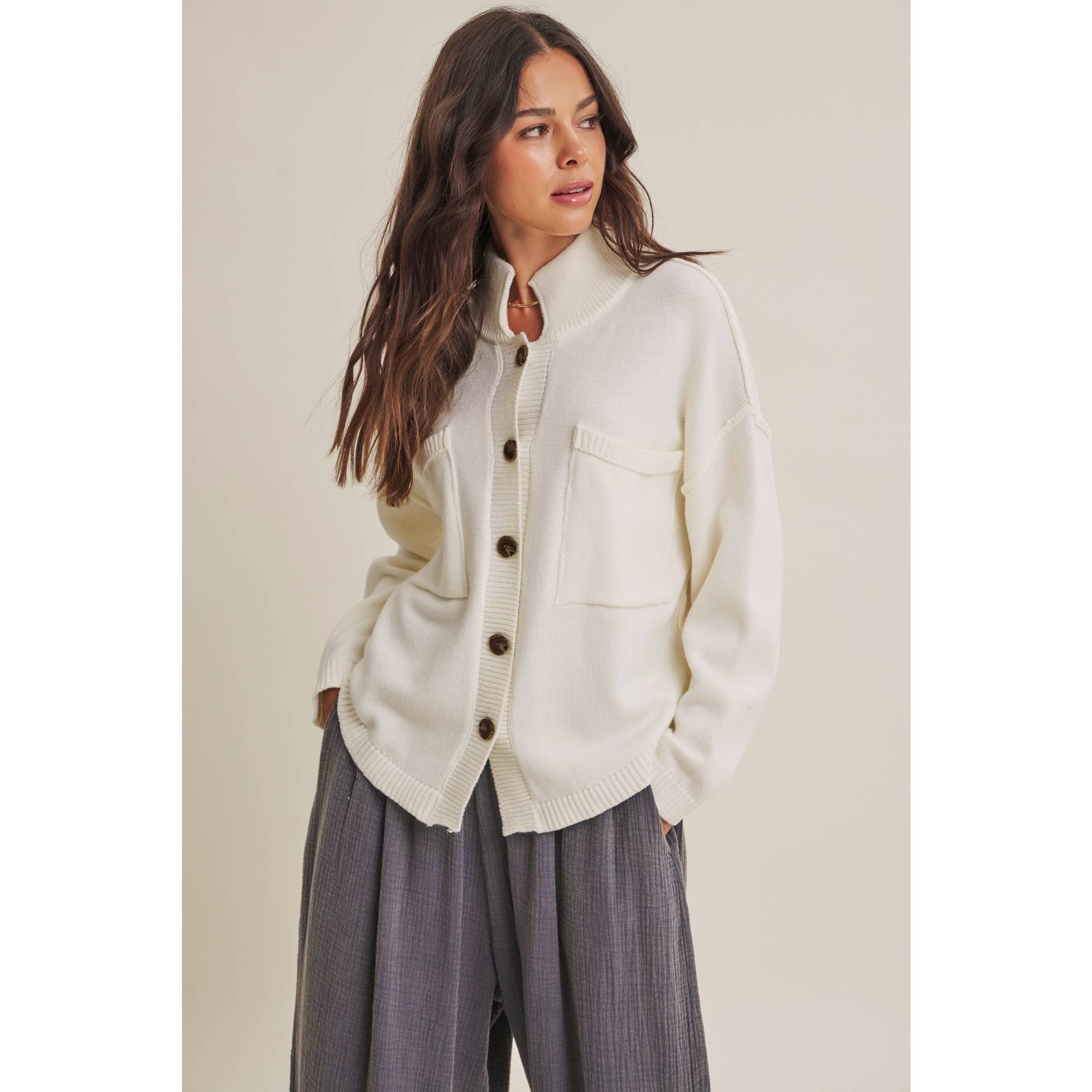 MINIMAL DAY OVERSIZED HIGH NECK SWEATER JACKET WITH POCKETS