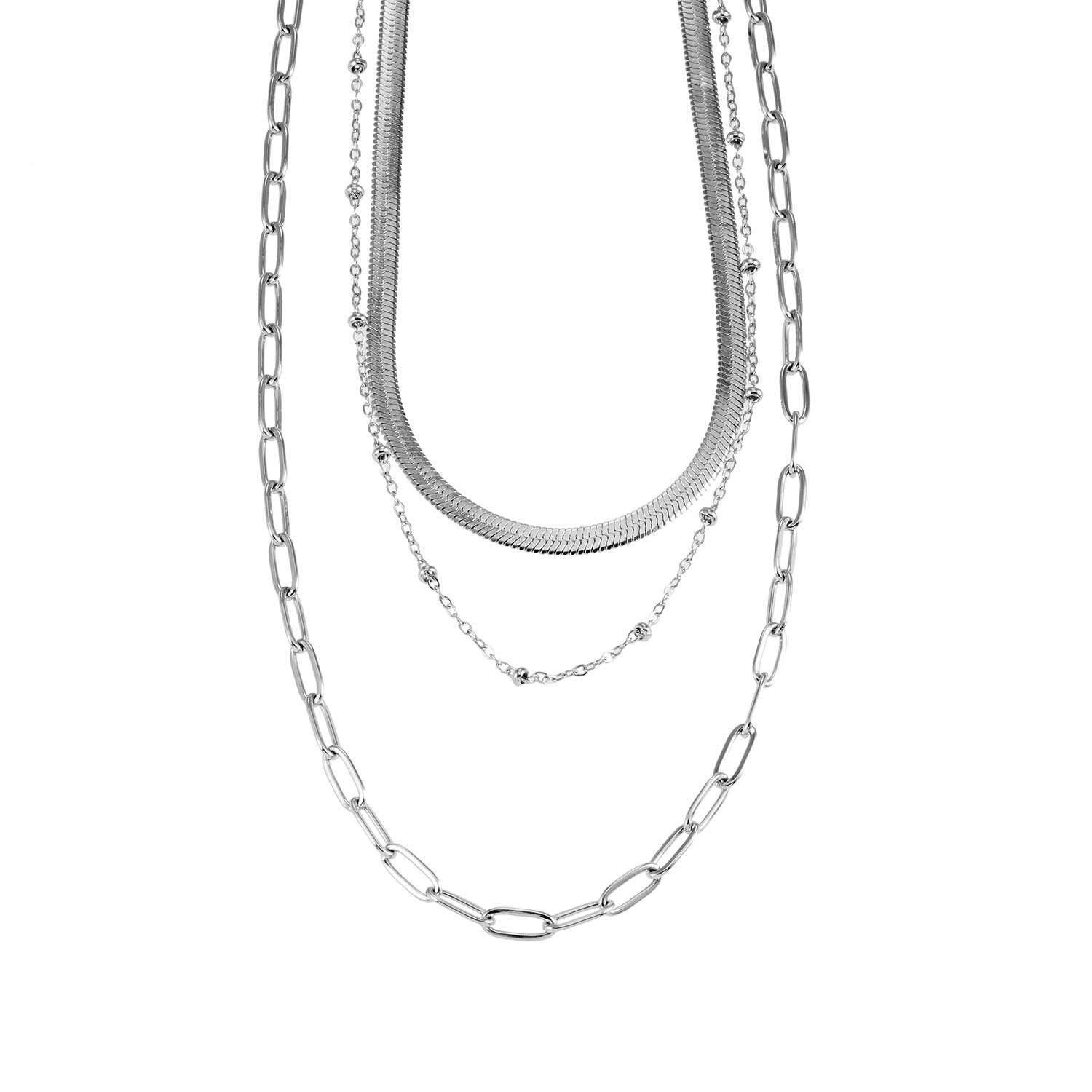 GEILNAR:  Triple Layer Mixed-Chain Necklace in Silver