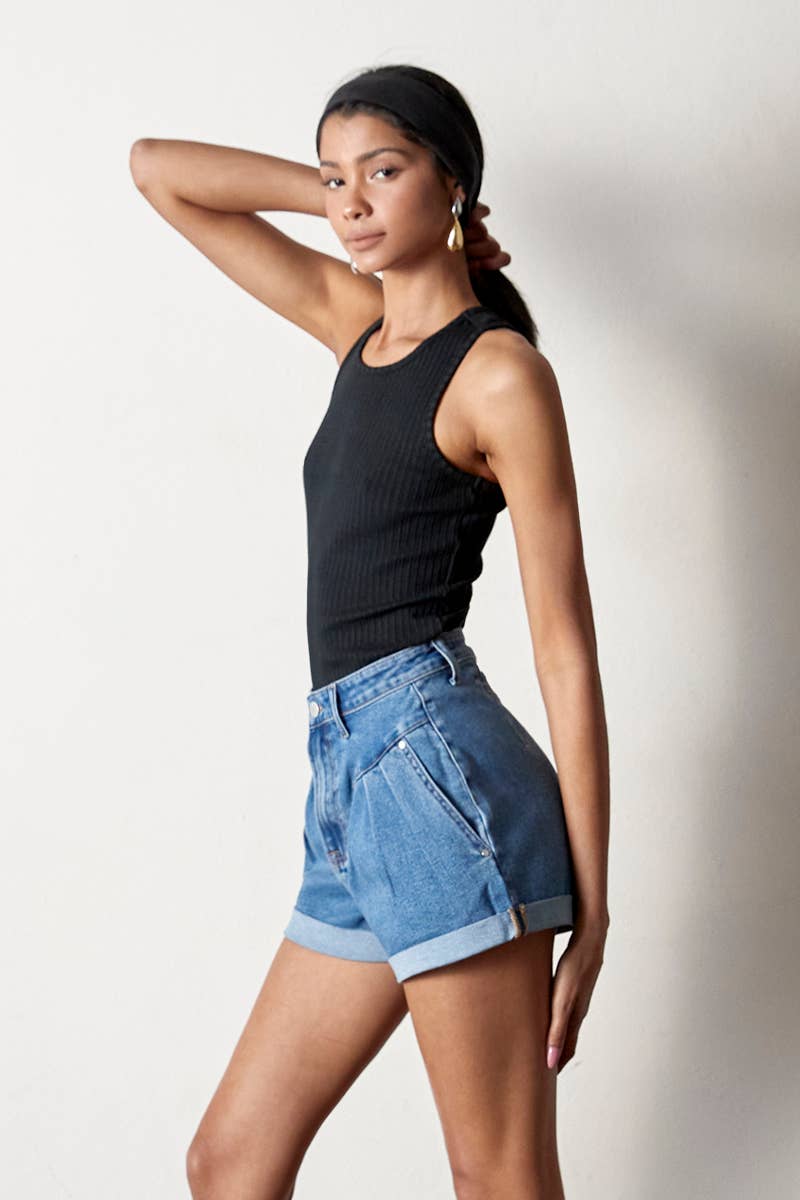 High Rise High Stretch Roll-Up Denim Shorts