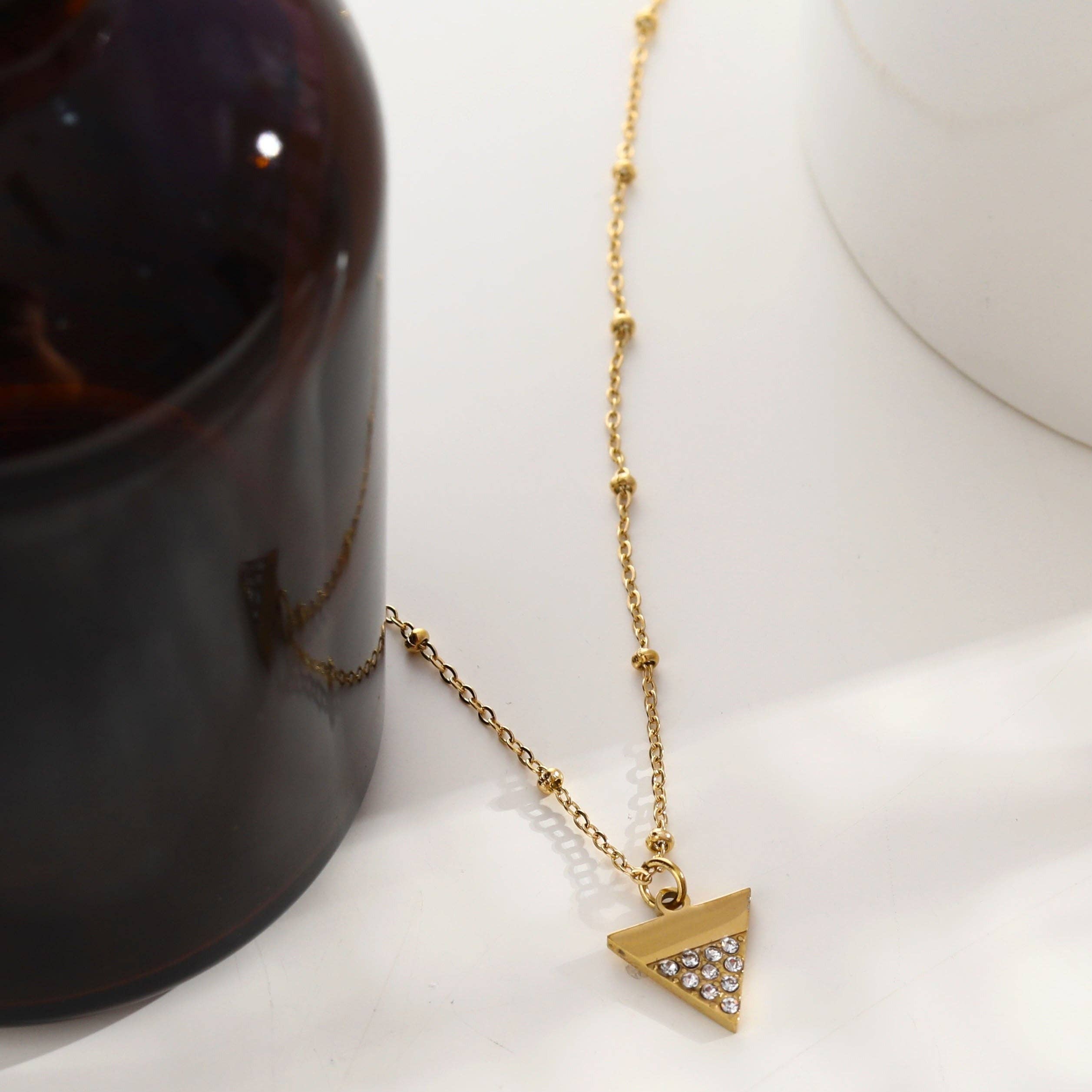 Beaded Chain Necklace with  Zirconia Pavé Triangle Pendant in Gold