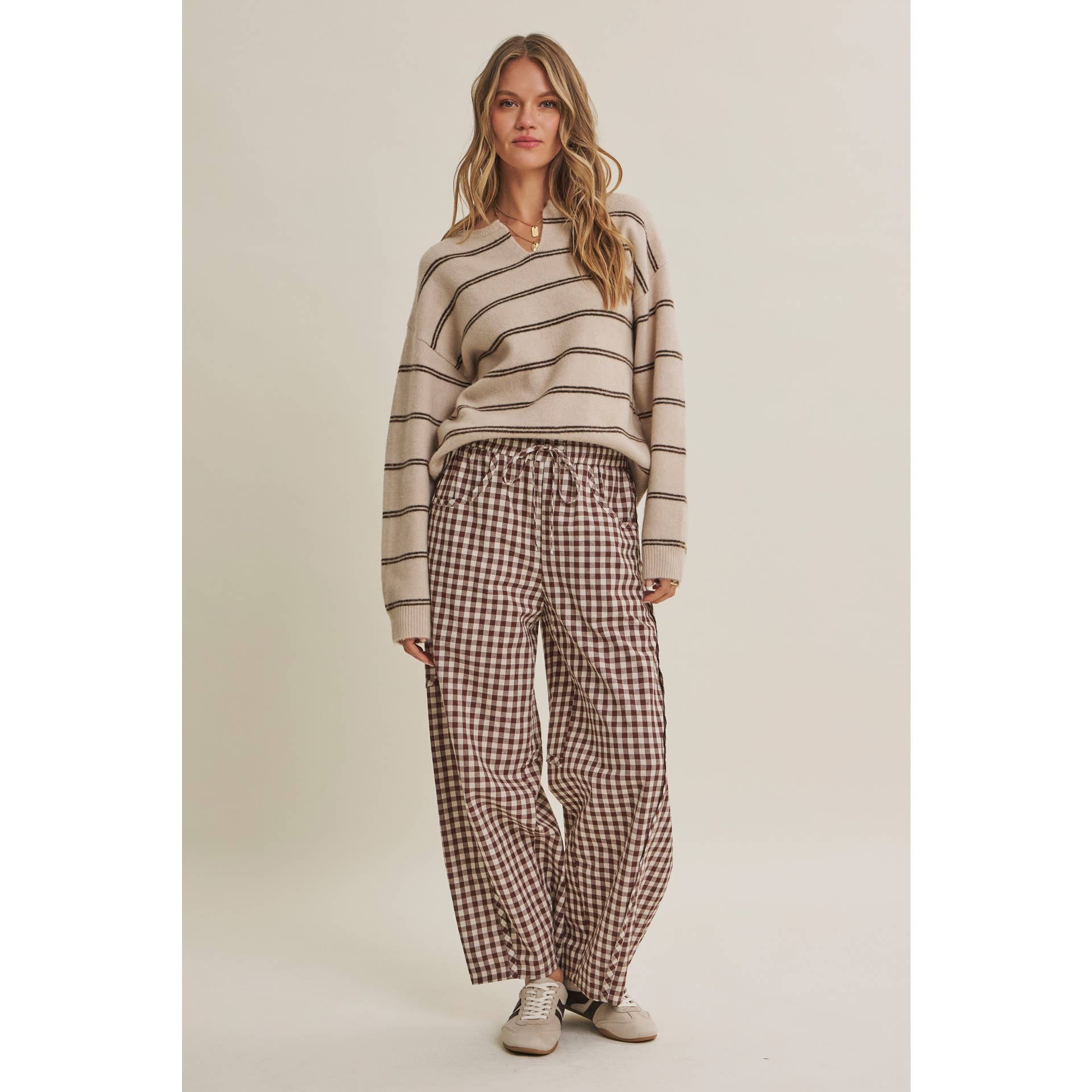 GINGHAM COTTON BARREL PANTS