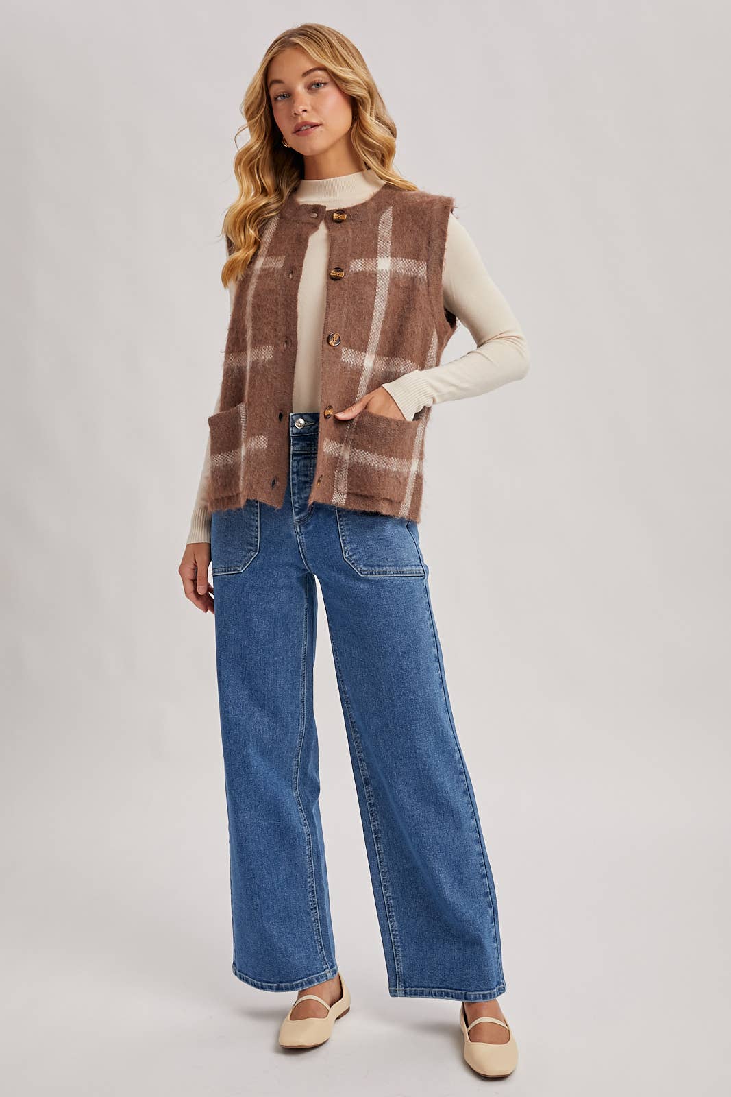 BUTTON DOWN PLAID FUZZY KNIT SWEATER VEST