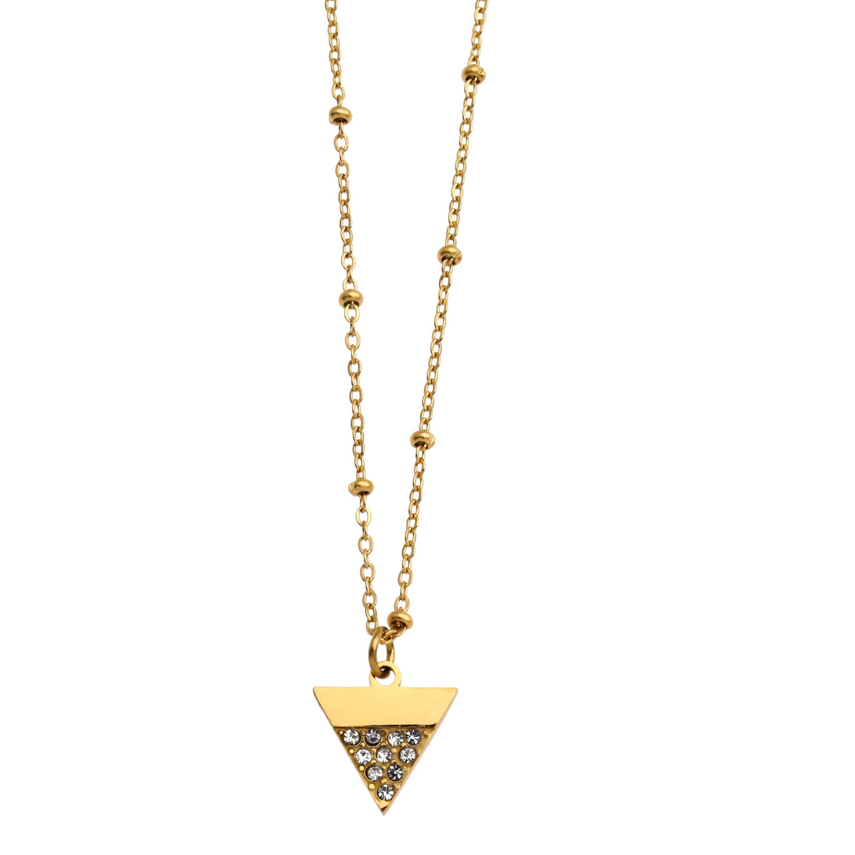 Beaded Chain Necklace with  Zirconia Pavé Triangle Pendant in Gold