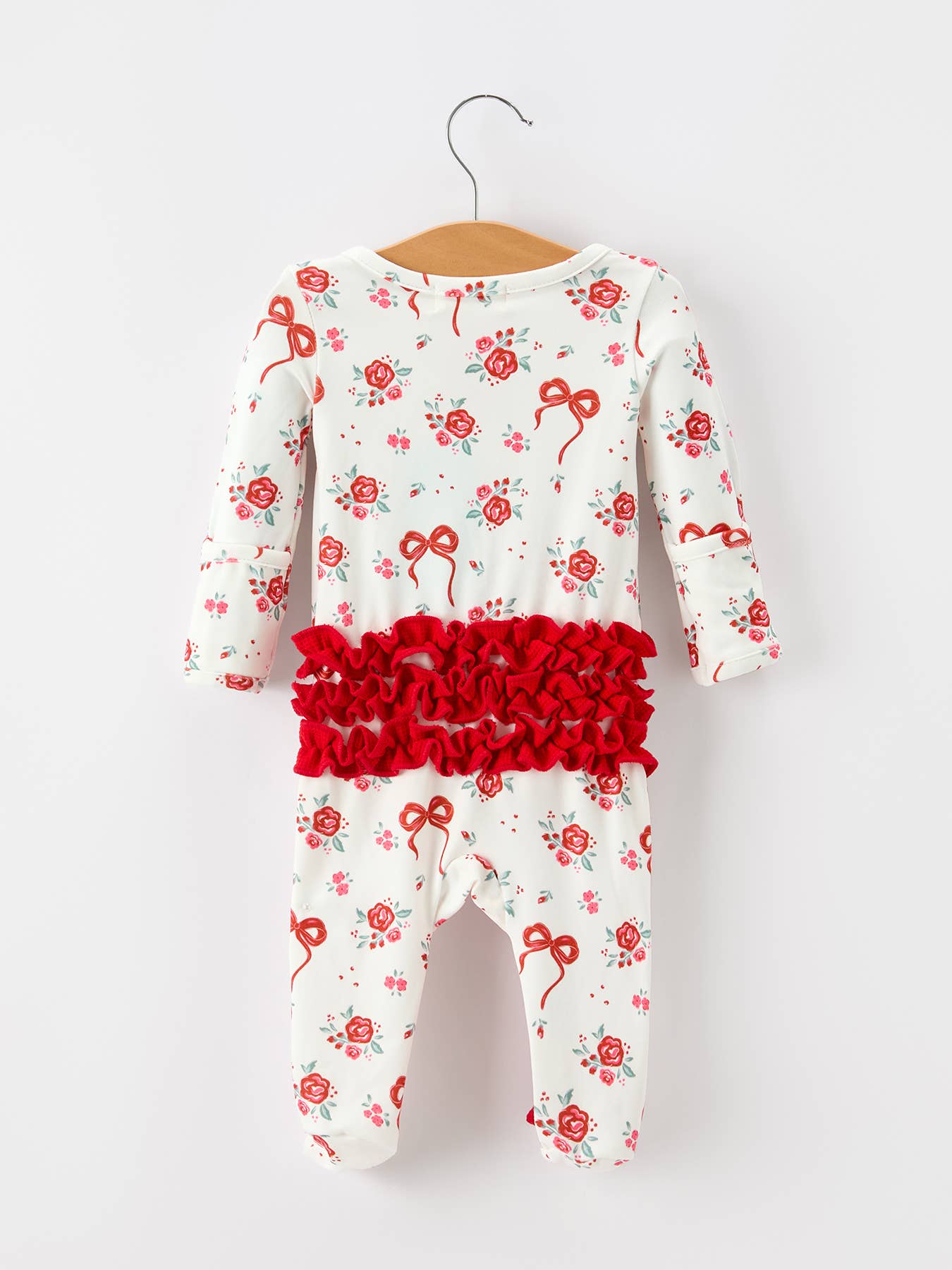Baby Girls Red Bow Floral Ruffle Zip Romper