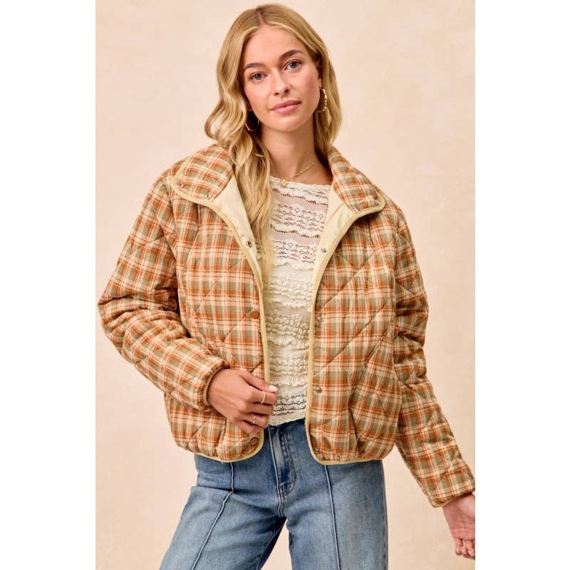 Vintage Plaid Piping Detail Quilted Jacket