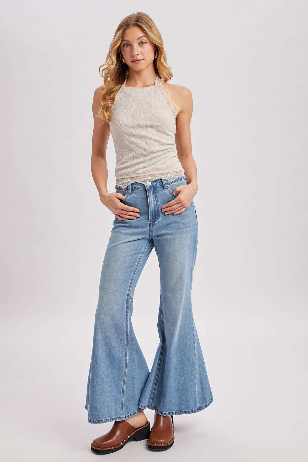 TEXTURED LACE TRIMMED HALTER TOP
