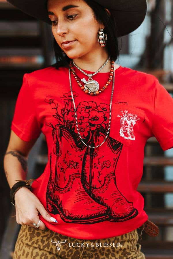 Red Western Cowboy Boots Printed Pocket Short Sleeve Top