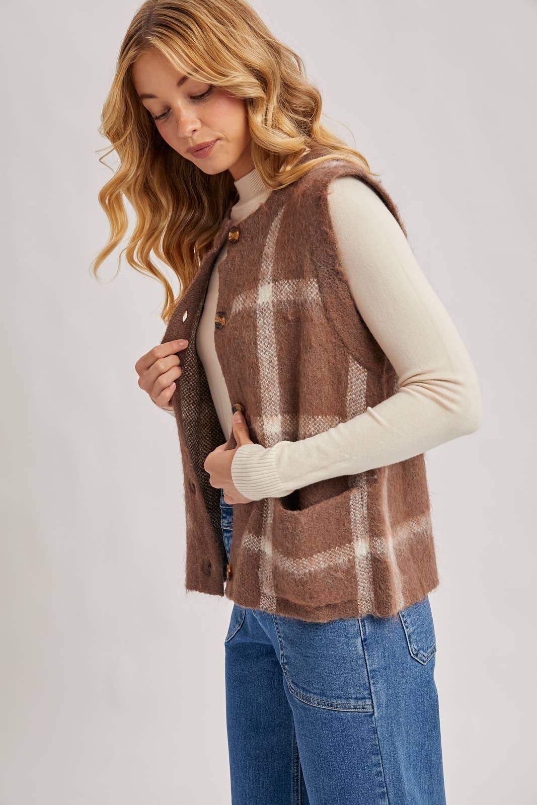 BUTTON DOWN PLAID FUZZY KNIT SWEATER VEST