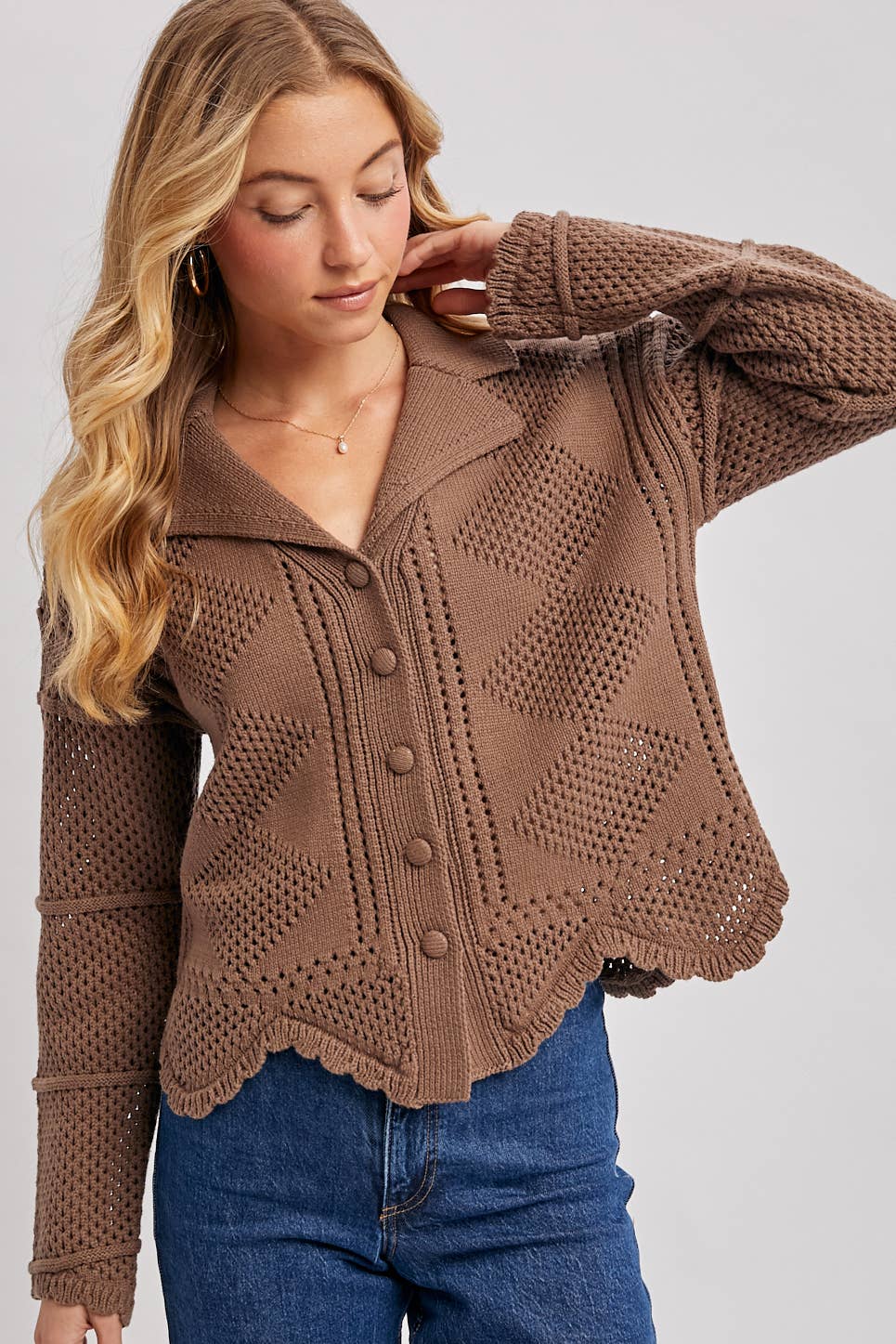 BUTTON DOWN SCALLOPED HEM CROCHET KNIT CARDIGAN