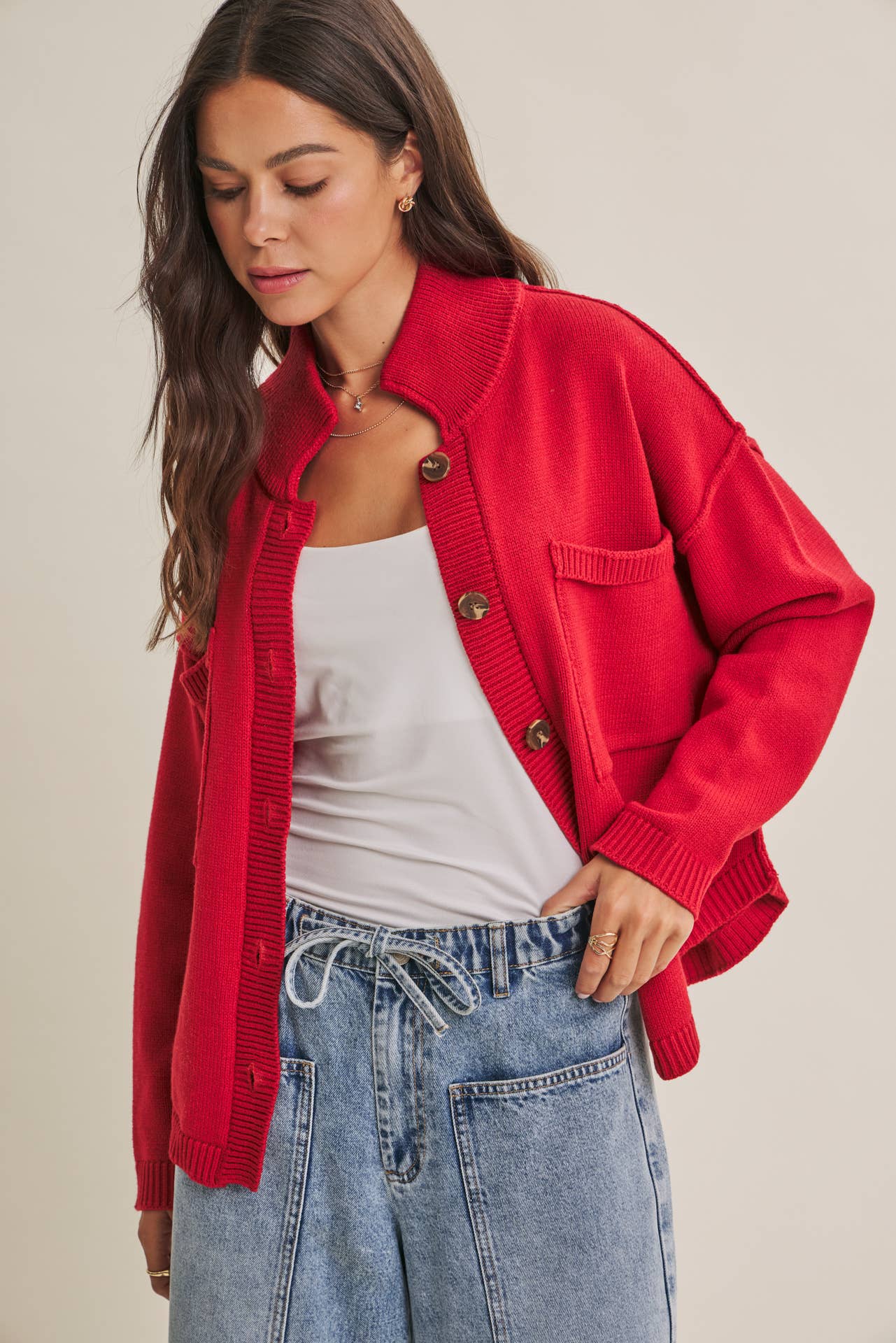MINIMAL DAY OVERSIZED HIGH NECK SWEATER JACKET WITH POCKETS