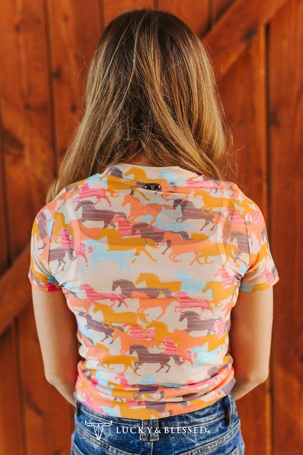Girls Coral Horse Printed Short Sleeve Mesh Top