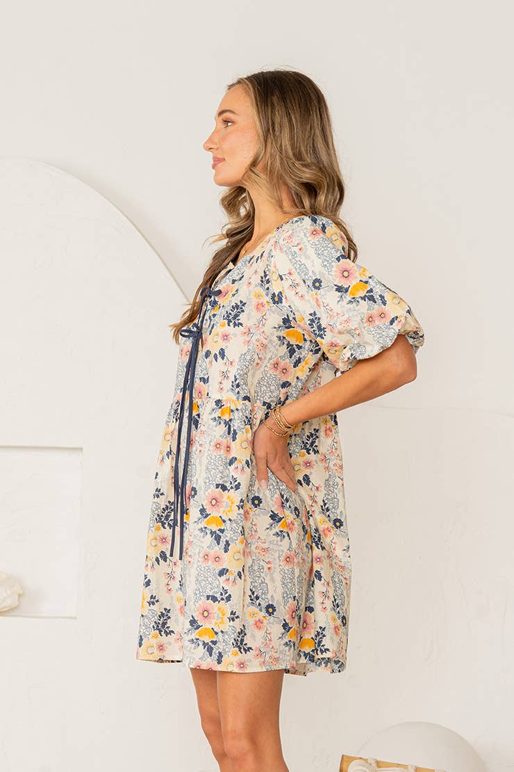 Relaxed Fit Floral Lace Up Puff Sleeves Dress