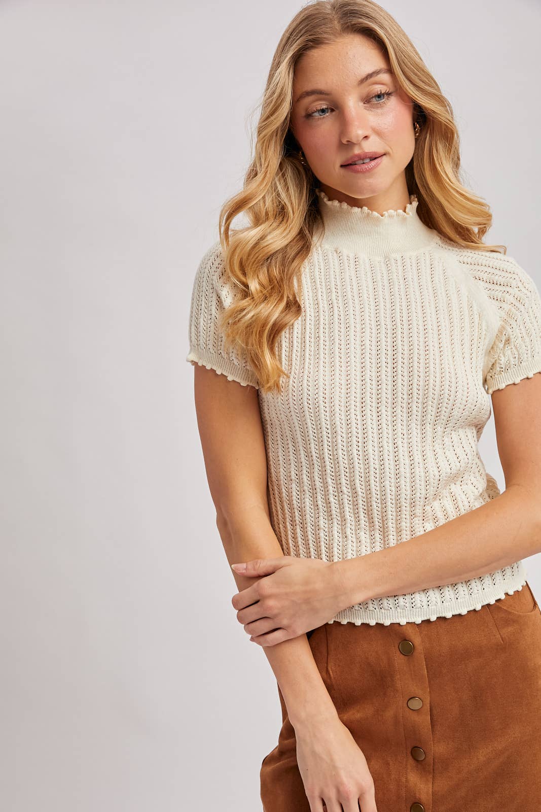 OPEN-KNIT MOCK NECK POINTELLE RUFFLE EDGE SWEATER TEE TOP