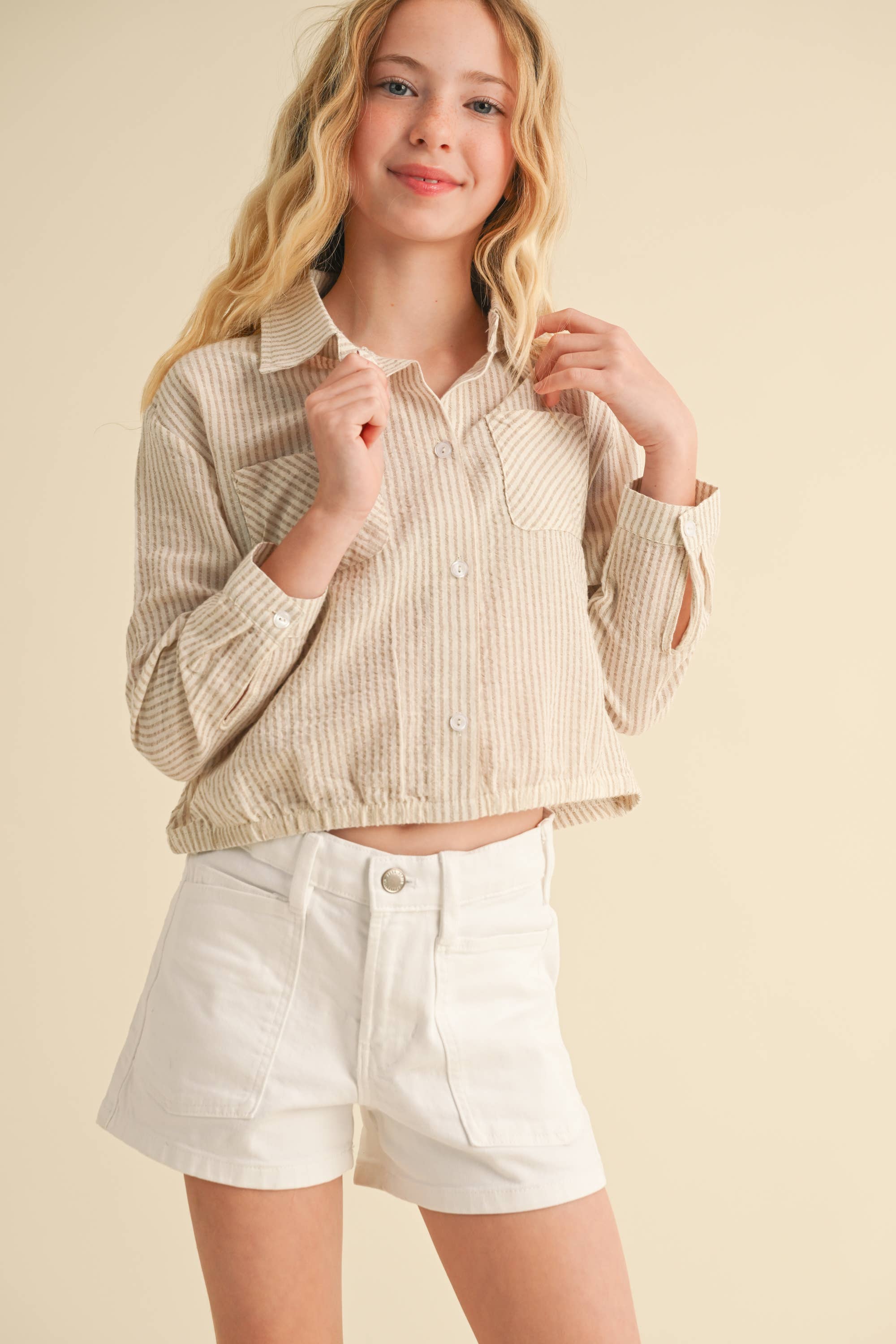 TWEEN GIRLS KIDS BUTTON DOWN DROP SHOULDER SHIRT (7-14)