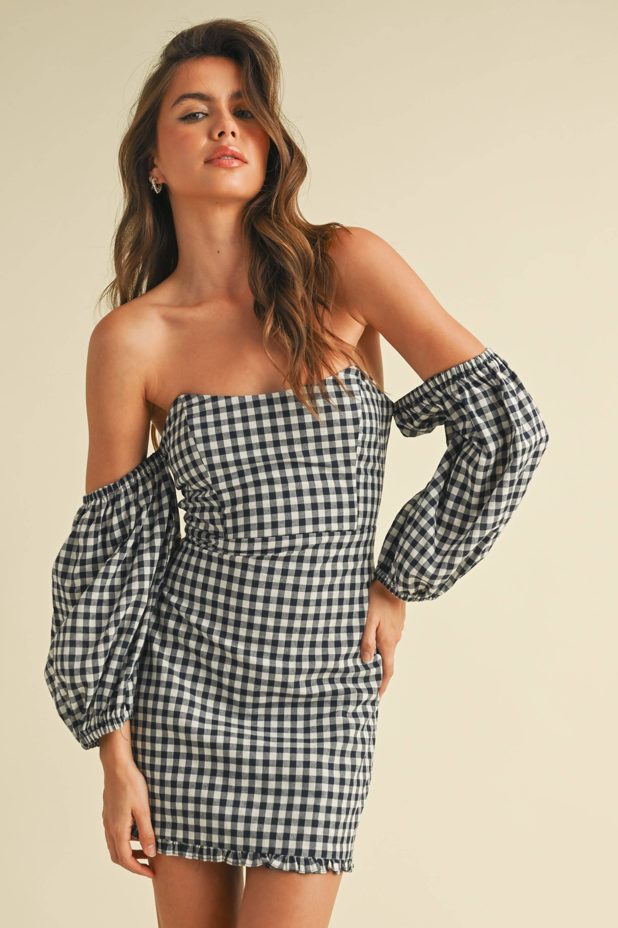 GINGHAM OFF THE SHOULDER PUFF SLEEVE MINI DRESS