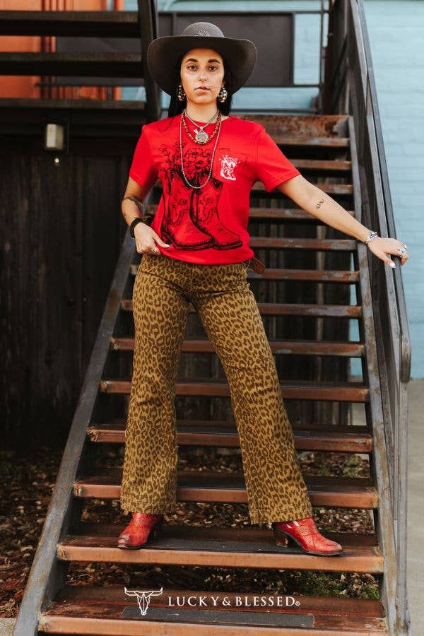 Red Western Cowboy Boots Printed Pocket Short Sleeve Top
