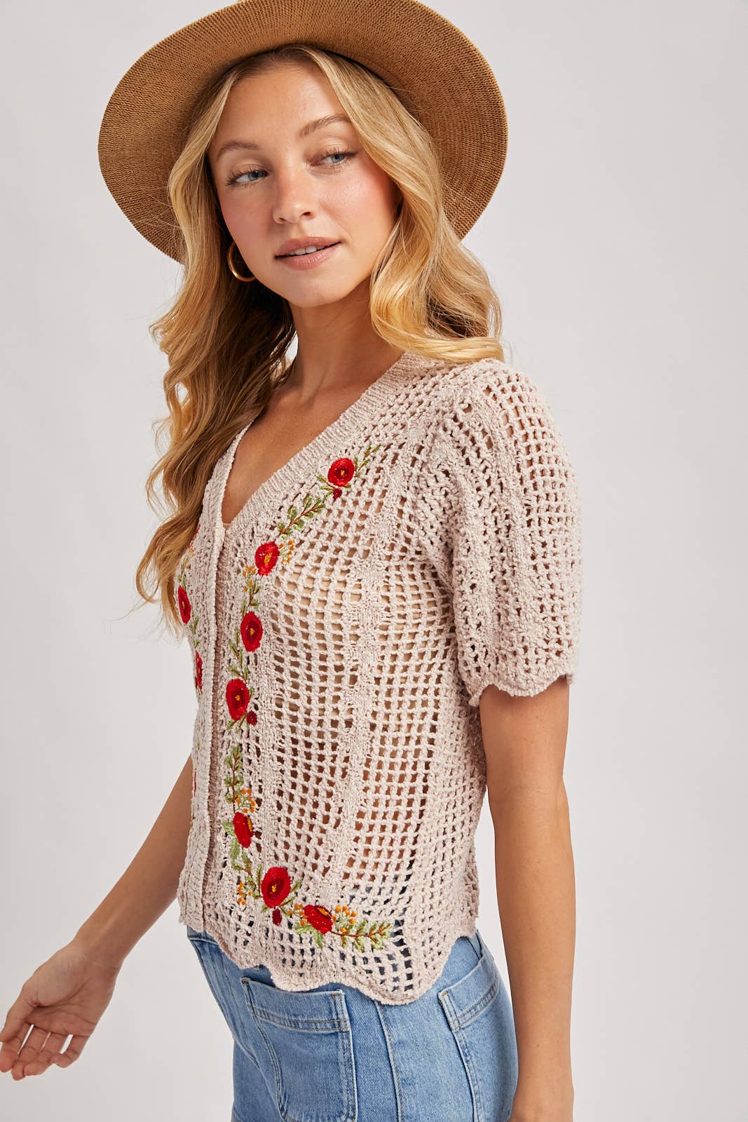 FLORAL EMBROIDERED BUTTON DOWN KNIT TOP