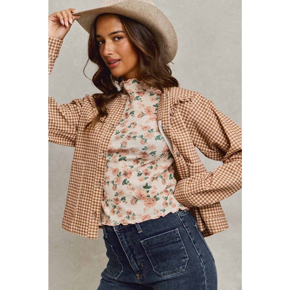Mini Checkered Button Down Ruffled Jacket