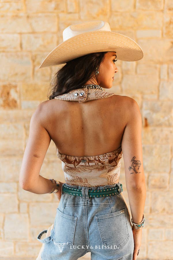 Beige Western Jacquard Buck-Stitch Woven Tie Halter Top