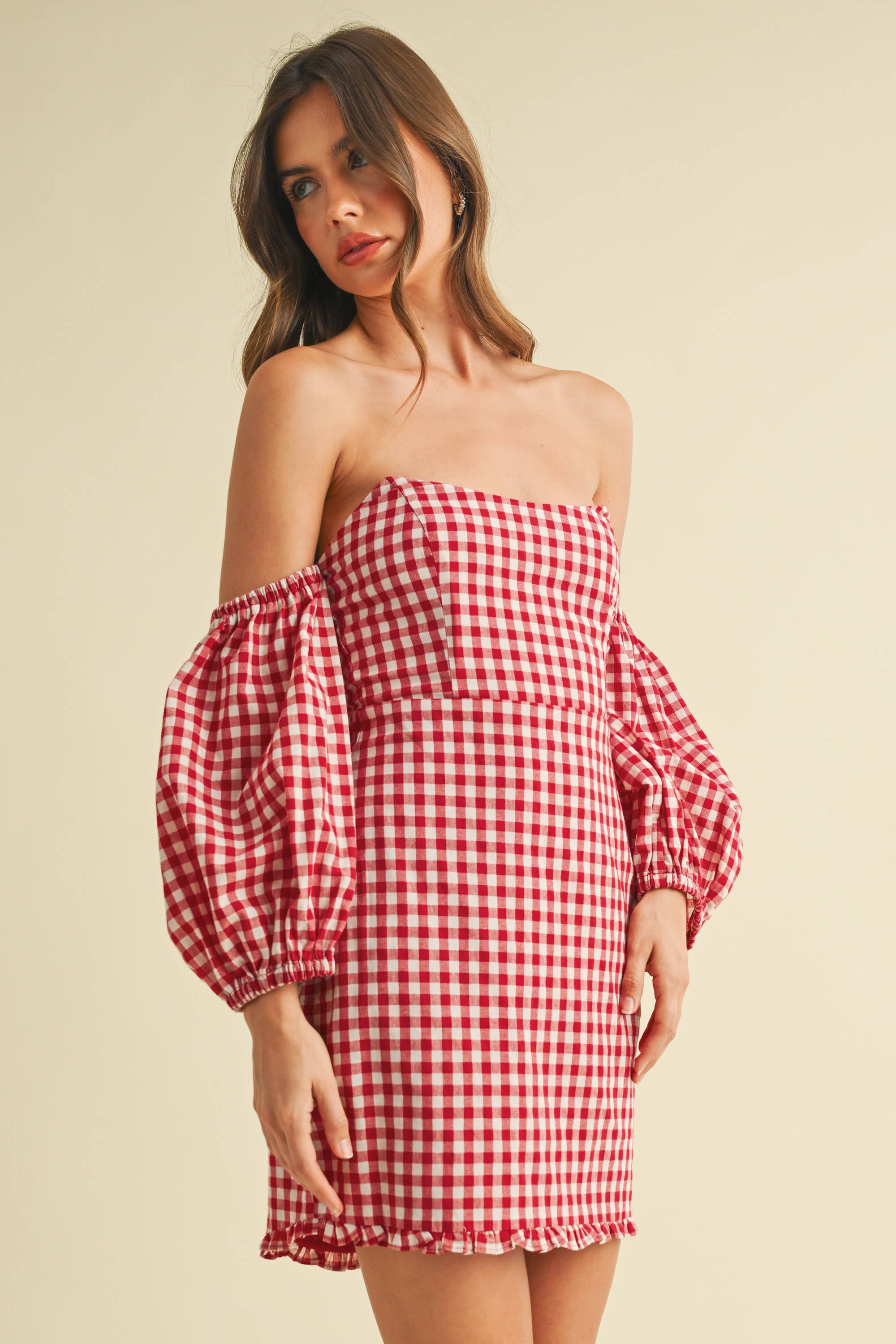 GINGHAM OFF THE SHOULDER PUFF SLEEVE MINI DRESS