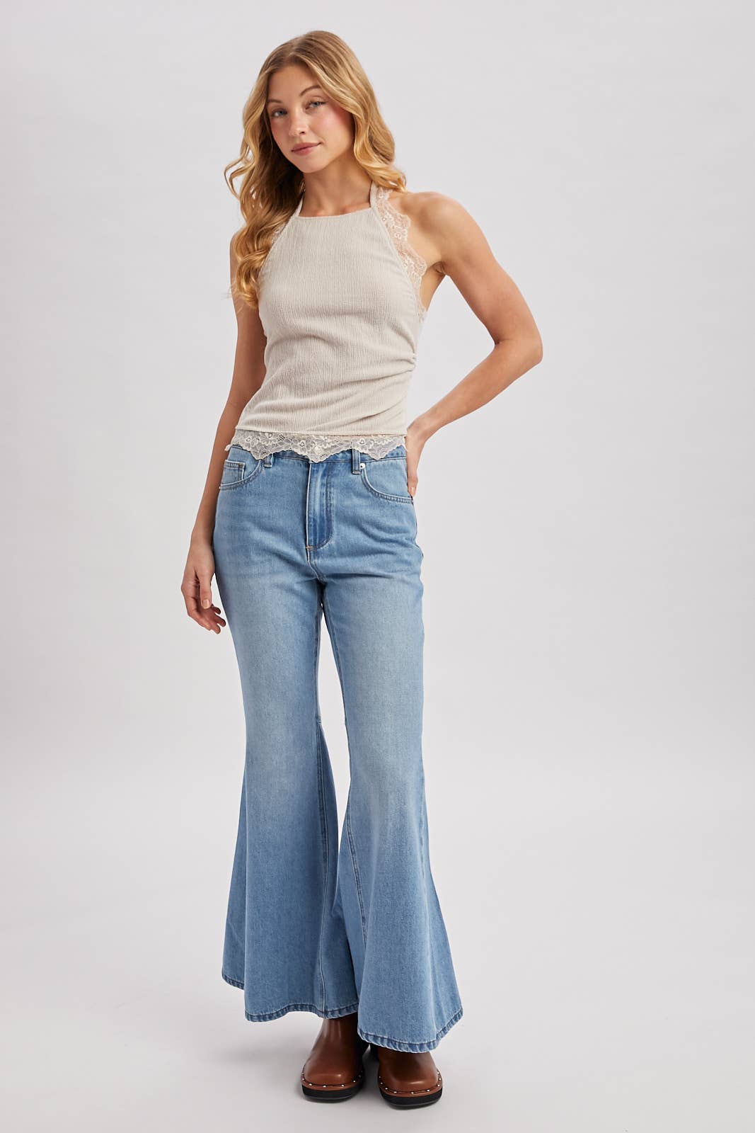 TEXTURED LACE TRIMMED HALTER TOP