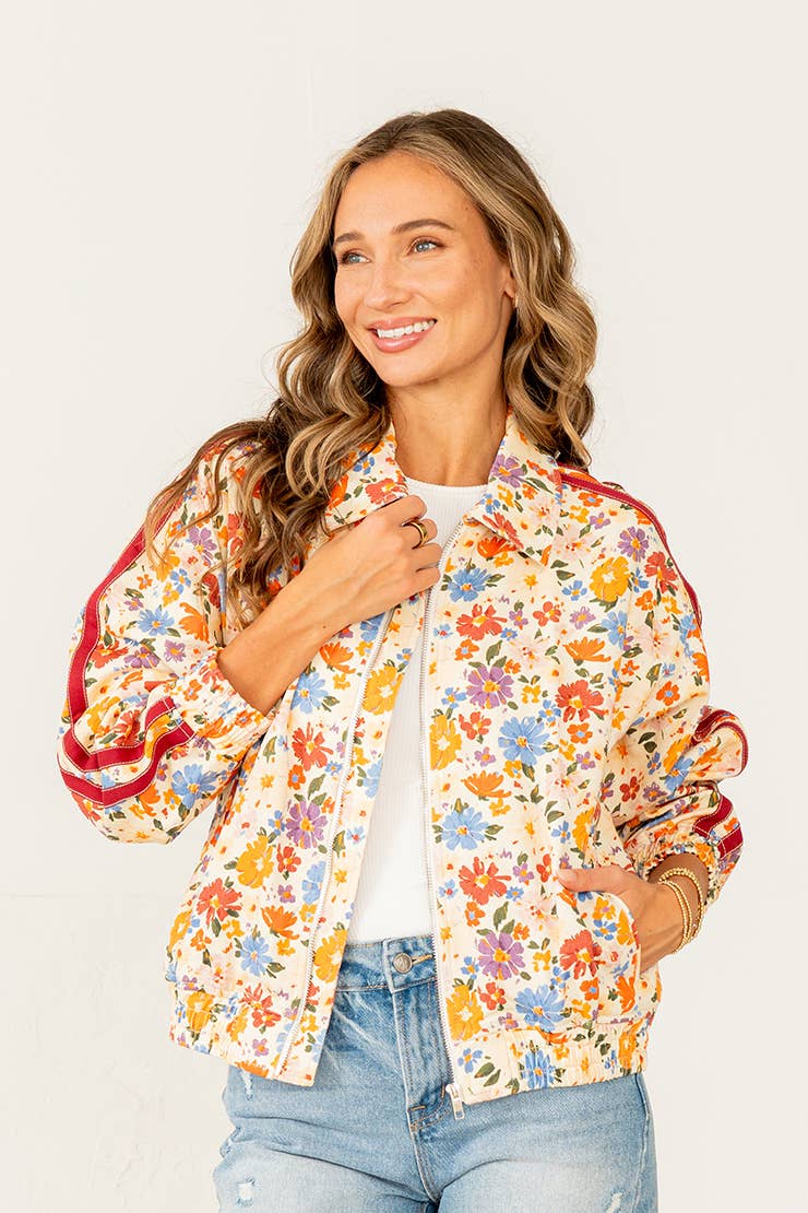 Floral Zip Up Jacket with Side Pockets