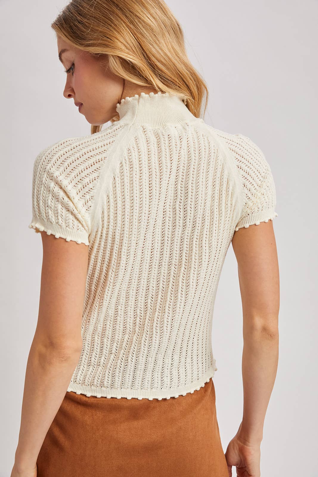 OPEN-KNIT MOCK NECK POINTELLE RUFFLE EDGE SWEATER TEE TOP