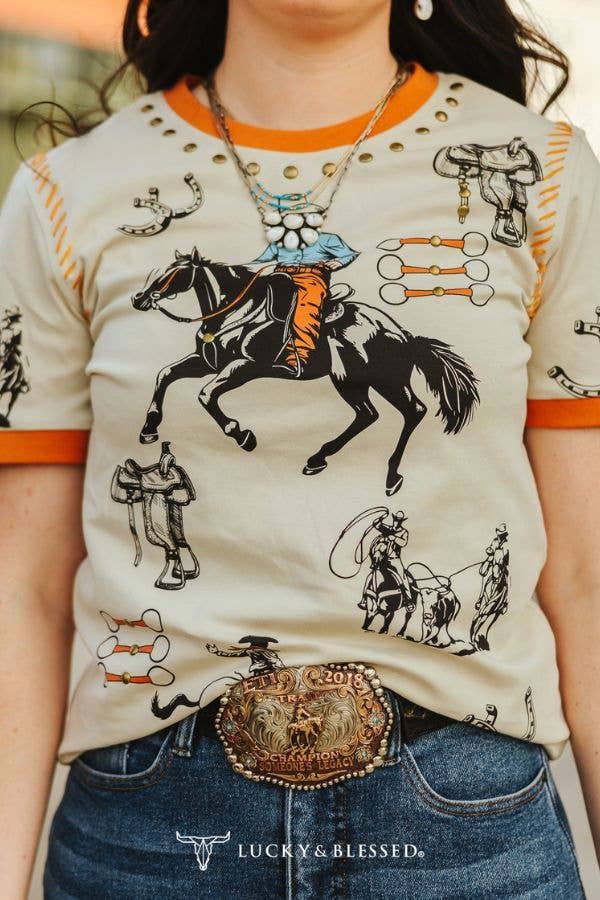 Beige Camel Contrast Hem Studded Western Printed Shirt