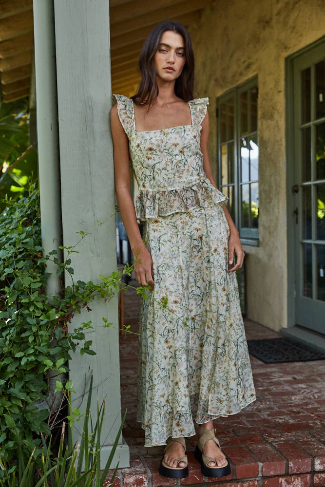 Woven Tencel Nylon Floral Print Ruffle Top
