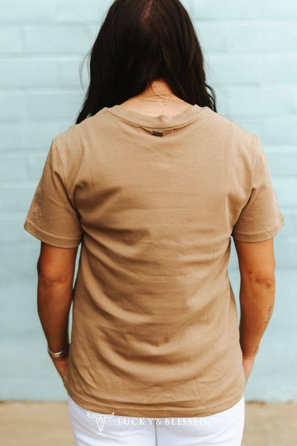 Camel Western Saddle Printed Pocket Short Sleeve Top