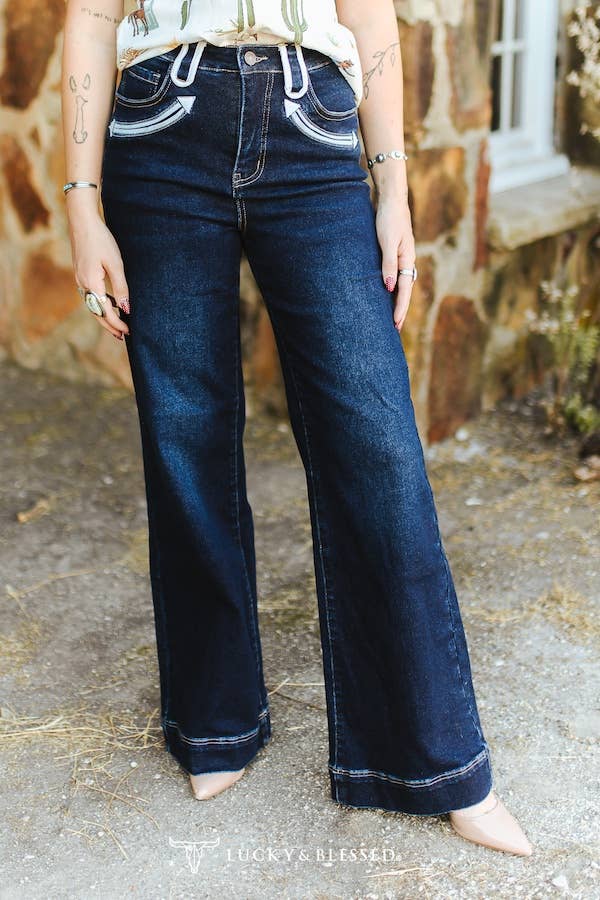 Dark Wash Stretch Denim Western Wide Leg Jeans (32in)
