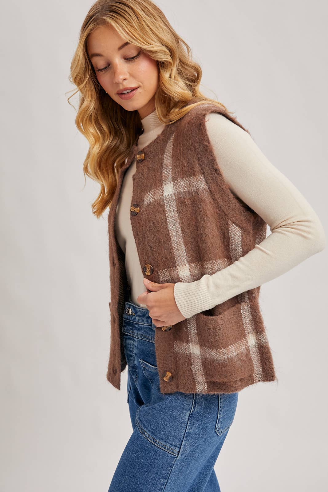 BUTTON DOWN PLAID FUZZY KNIT SWEATER VEST