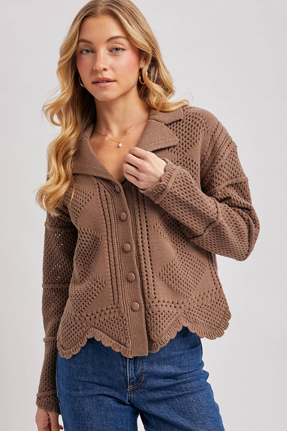 BUTTON DOWN SCALLOPED HEM CROCHET KNIT CARDIGAN