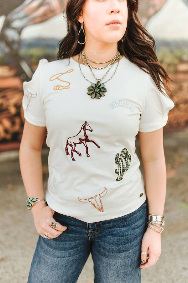 Plus Size White Western Contrast Embroidered Puff Sleeve Top