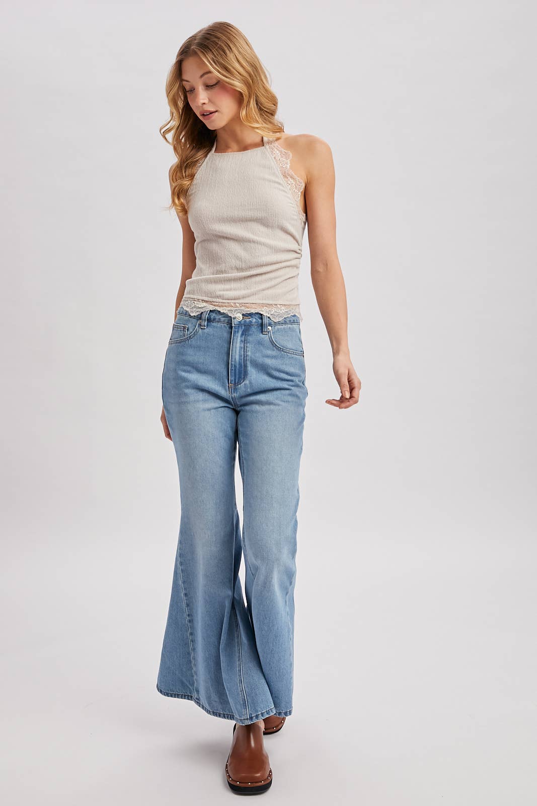 TEXTURED LACE TRIMMED HALTER TOP