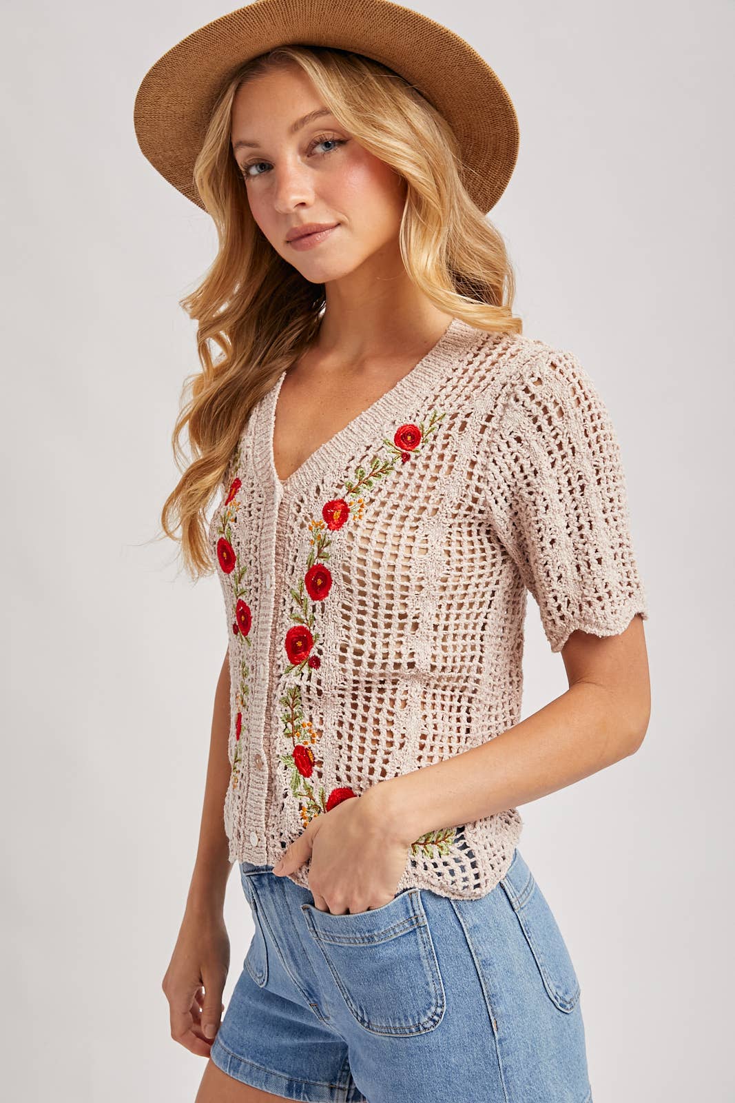 FLORAL EMBROIDERED BUTTON DOWN KNIT TOP