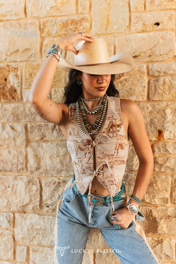 Beige Western Jacquard Buck-Stitch Woven Tie Halter Top