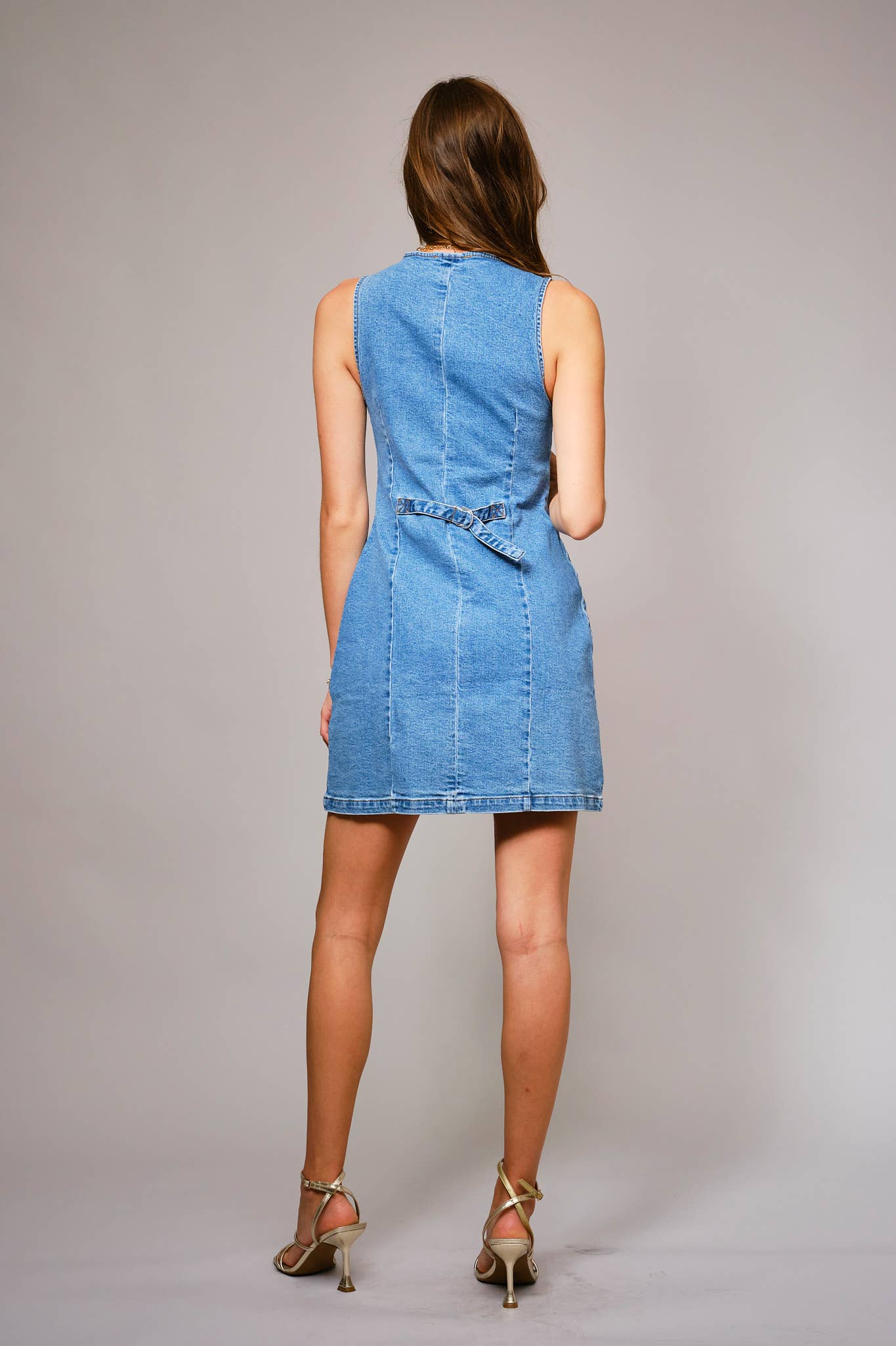 V-Neck Button Up Sleeveless Denim Mini Dress