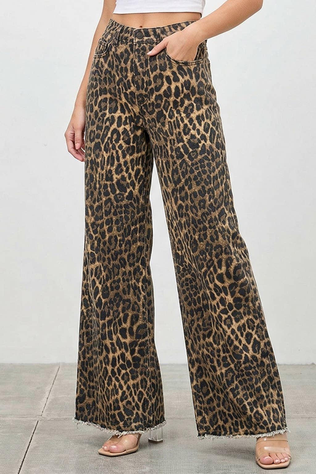 HIGH RISE WIDE LEG LEOPARD JEANS