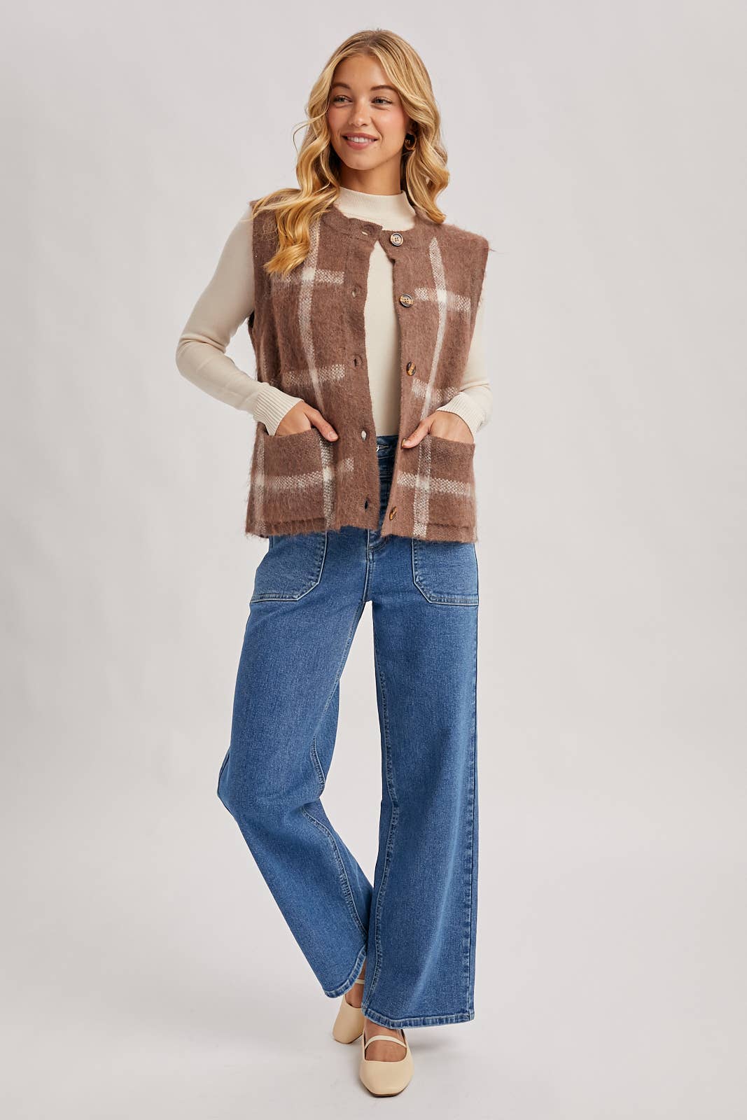 BUTTON DOWN PLAID FUZZY KNIT SWEATER VEST