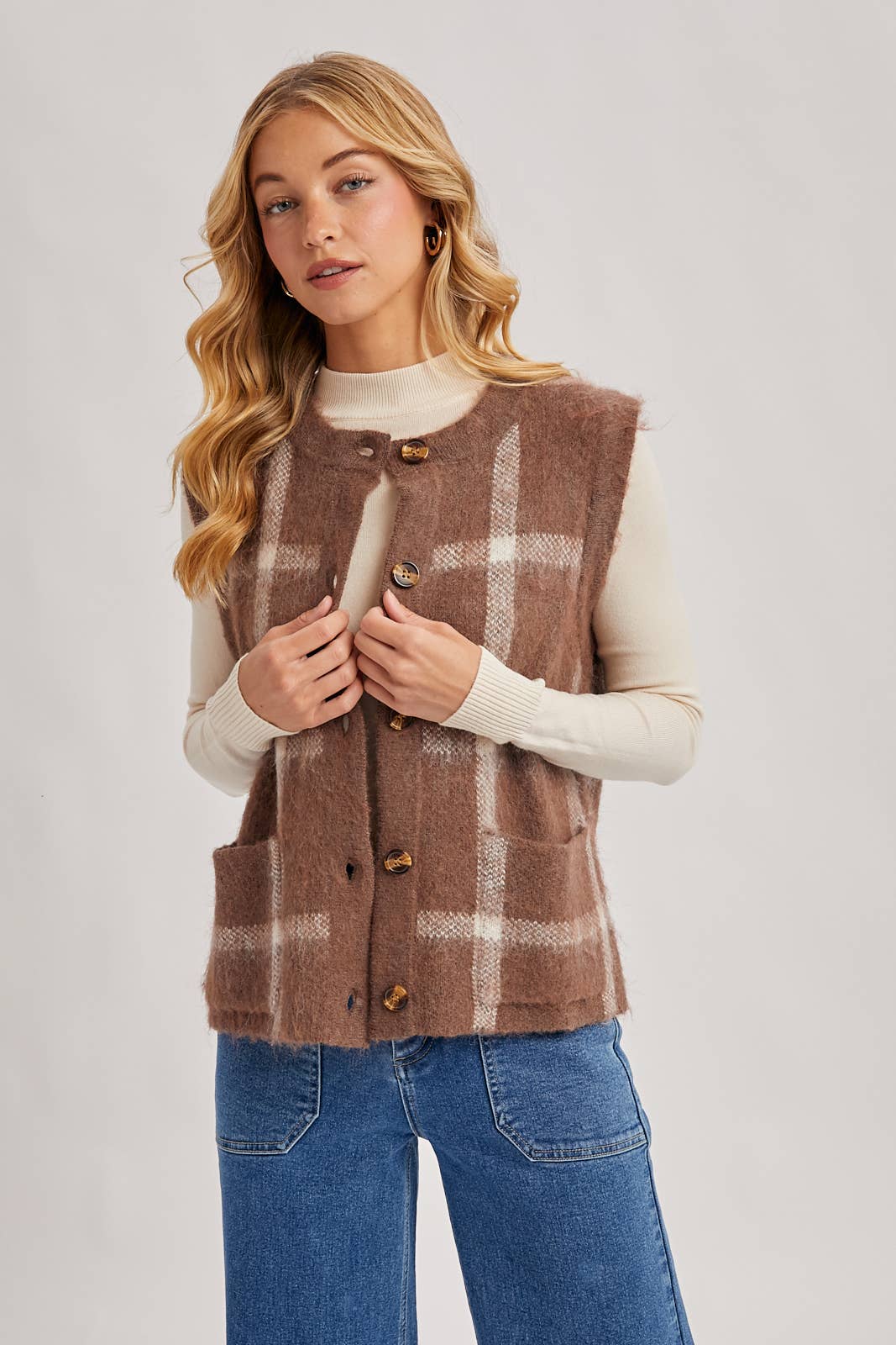 BUTTON DOWN PLAID FUZZY KNIT SWEATER VEST