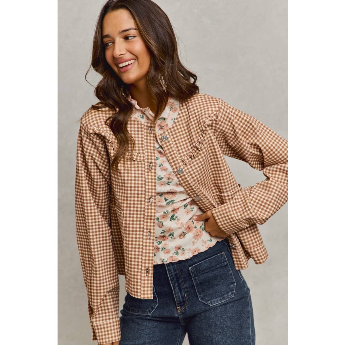 Mini Checkered Button Down Ruffled Jacket