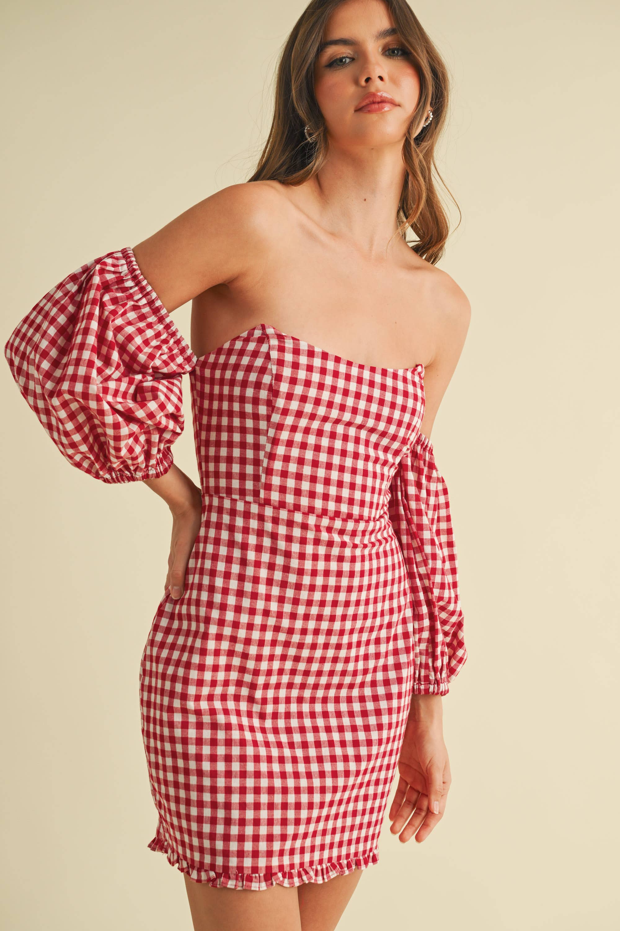GINGHAM OFF THE SHOULDER PUFF SLEEVE MINI DRESS