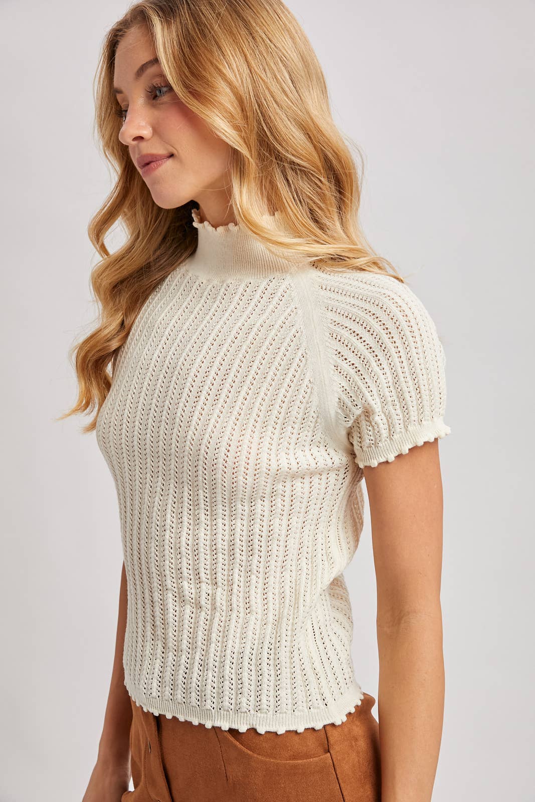 OPEN-KNIT MOCK NECK POINTELLE RUFFLE EDGE SWEATER TEE TOP