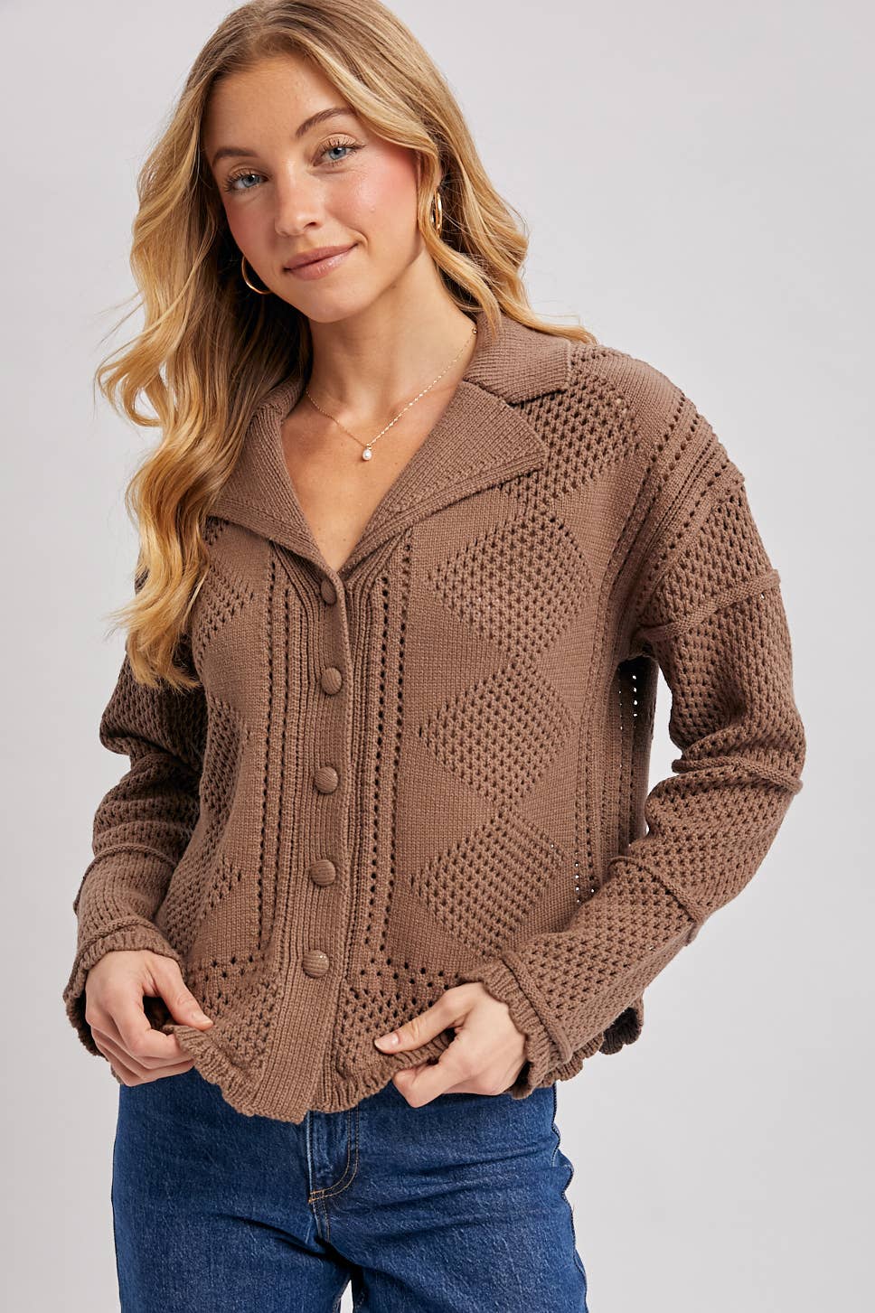 BUTTON DOWN SCALLOPED HEM CROCHET KNIT CARDIGAN